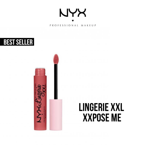 swatches of nyx lingerie xxl liquid lipstick in straps off (left