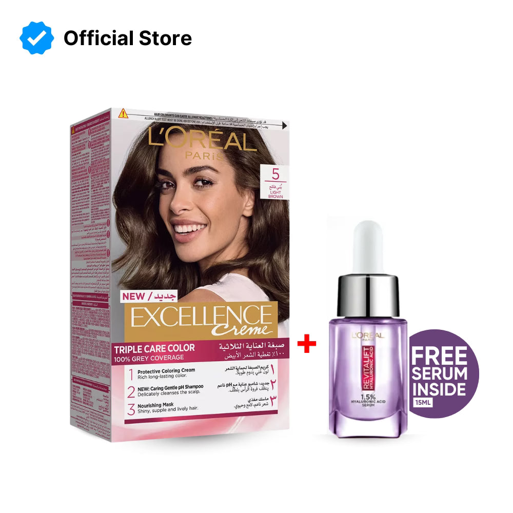 L'Oreal Paris Excellence Creme Hair Colour #5 Light Brown + Free Revitalift Serum 15ml