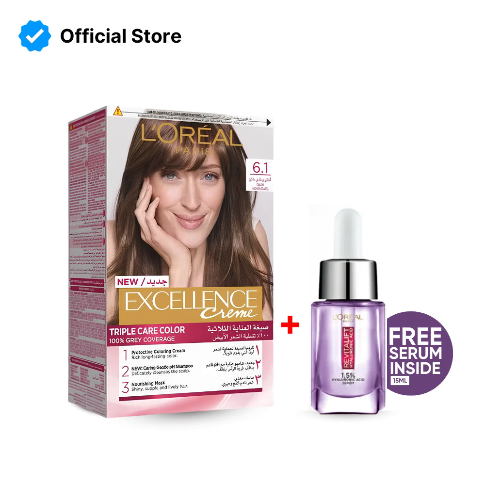 L'Oreal Paris Excellence Creme Hair Colour #6.1 Dark Ash Blonde + FREE Revitalist Serum 15ml