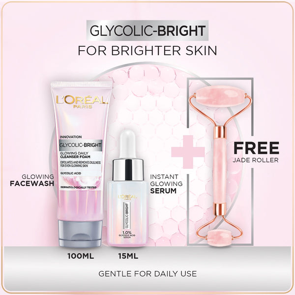 Loreal Paris Glycolic Bright Instant Glowing Face Serum 15ml + Face Wash 100ml +Free Jade Roller