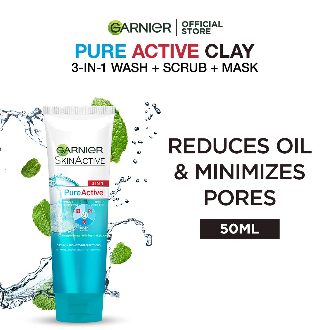 Garnier Pure Active 3 In 1 Face Wash Mask Scrub - 50ml