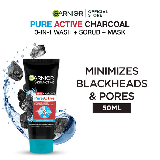 Garnier Pure Active 3 In 1 Charcoal Blackhead Face Wash Mask Scrub - 50ml