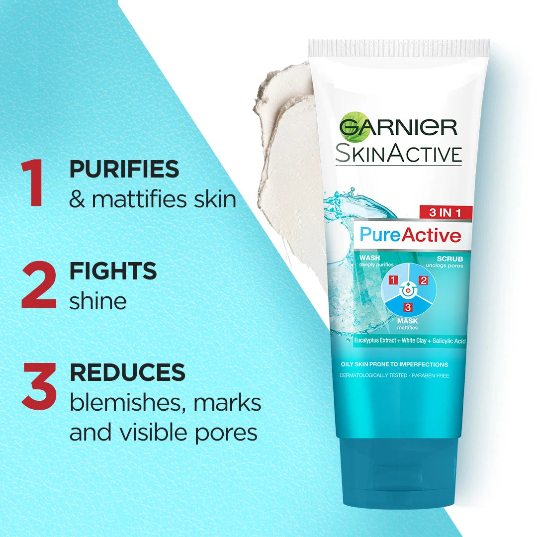 Garnier Pure Active 3 In 1 Face Wash Mask Scrub - 50ml