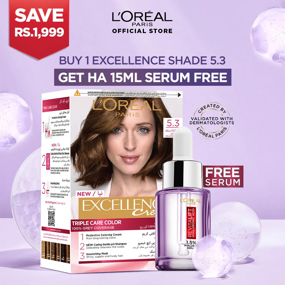 L'Oreal Paris Excellence Creme Hair Colour #5.3 Light Golden Brown + FREE Revitalift Serum 15ml