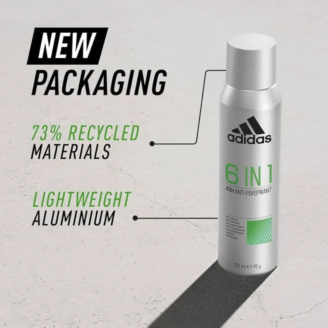 Adidas deodorant spray bottle with new packaging features on a light gray background