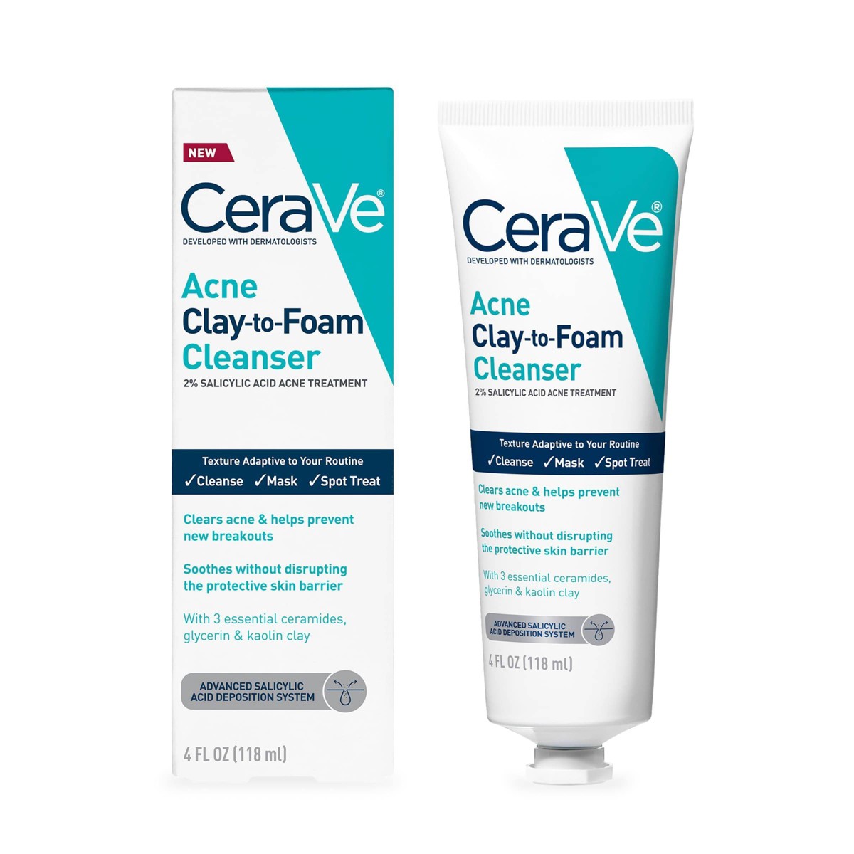 CeraVe 3-in-1 Acne Clay-to-Foam Cleanser, Mask & Spot Treatment 118ml front of tube