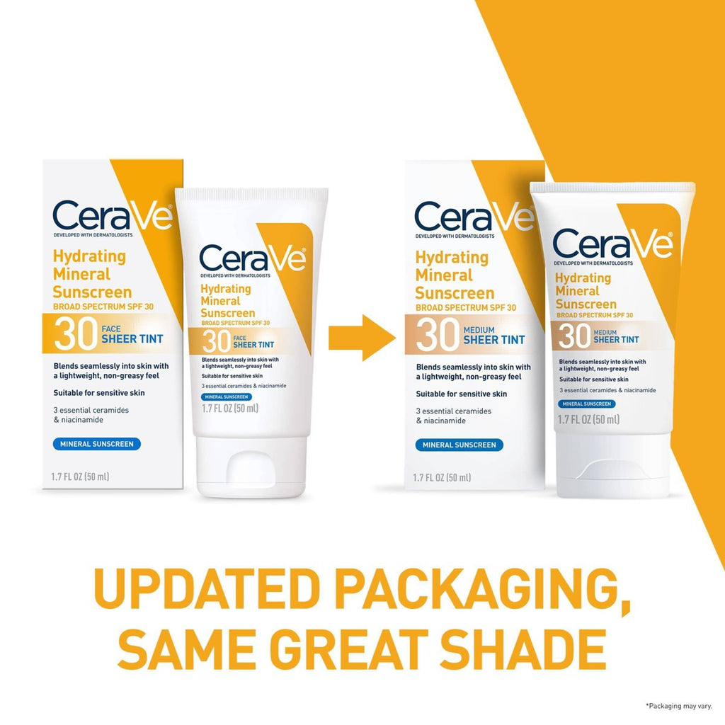CeraVe Tinted Mineral Sunscreen SPF 30 sheer tint no white cast