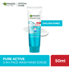 Garnier Pure Active 3 In 1 Face Wash Mask Scrub - 50ml - Premium Facial Cleansers from Garnier - Just Rs 399! Shop now at Cozmetica